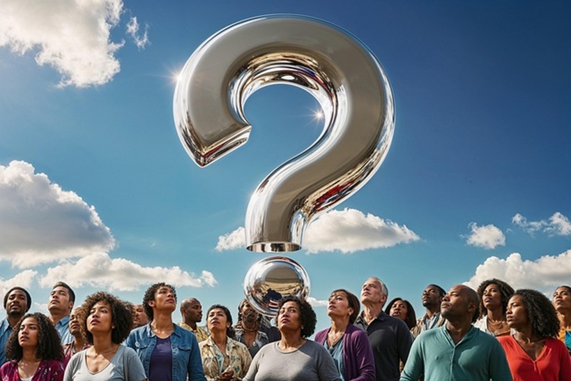 空に浮かぶ巨大なクエスチョンマーク(疑問符)を見上げる大勢の人々